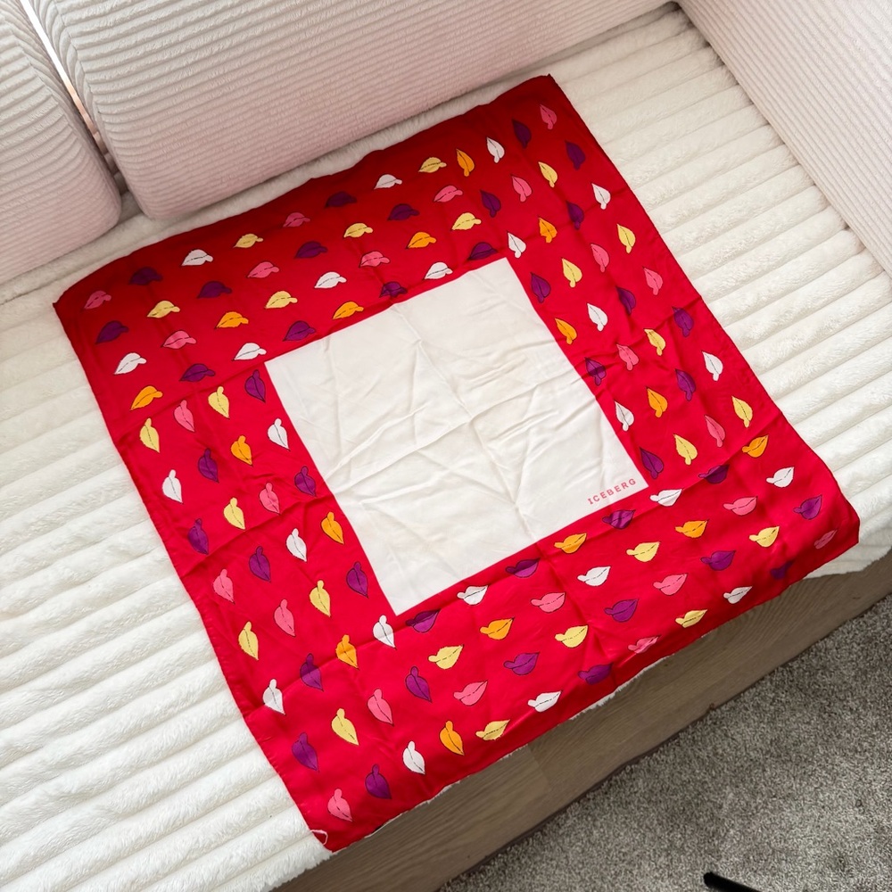 Iceberg Red and White Silk Scarf with Leaf Motif Authentic